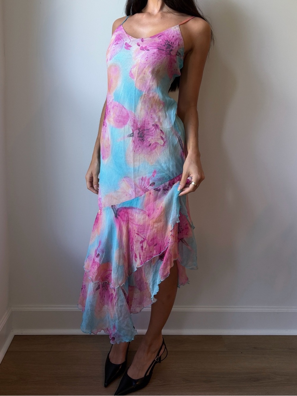 Vintage Cedosce Y2K Pink Blue Watercolor Floral Chiffon Handkerchief Dress